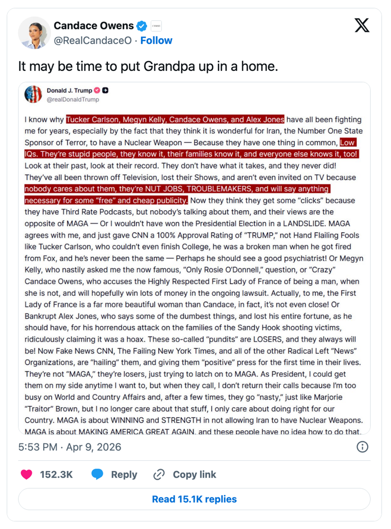 Candace Owens just responded to Trump's latest Truth Social rant ...
