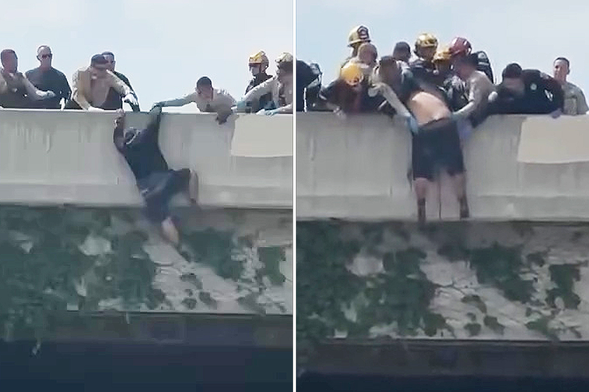 Heart-stopping moment rescuers swoop in on man trying to jump from LA overpass<br><br>