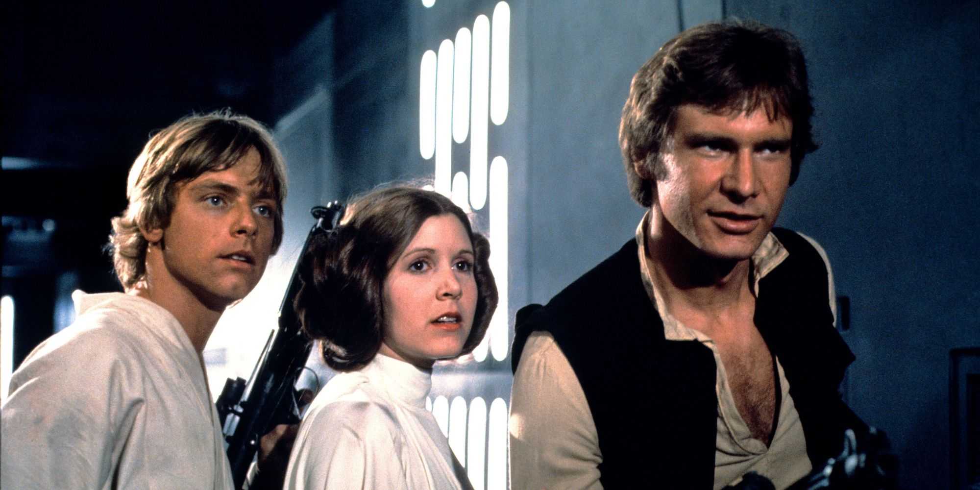 Luke, Leia, and Han standing together in Star Wars A New Hope.