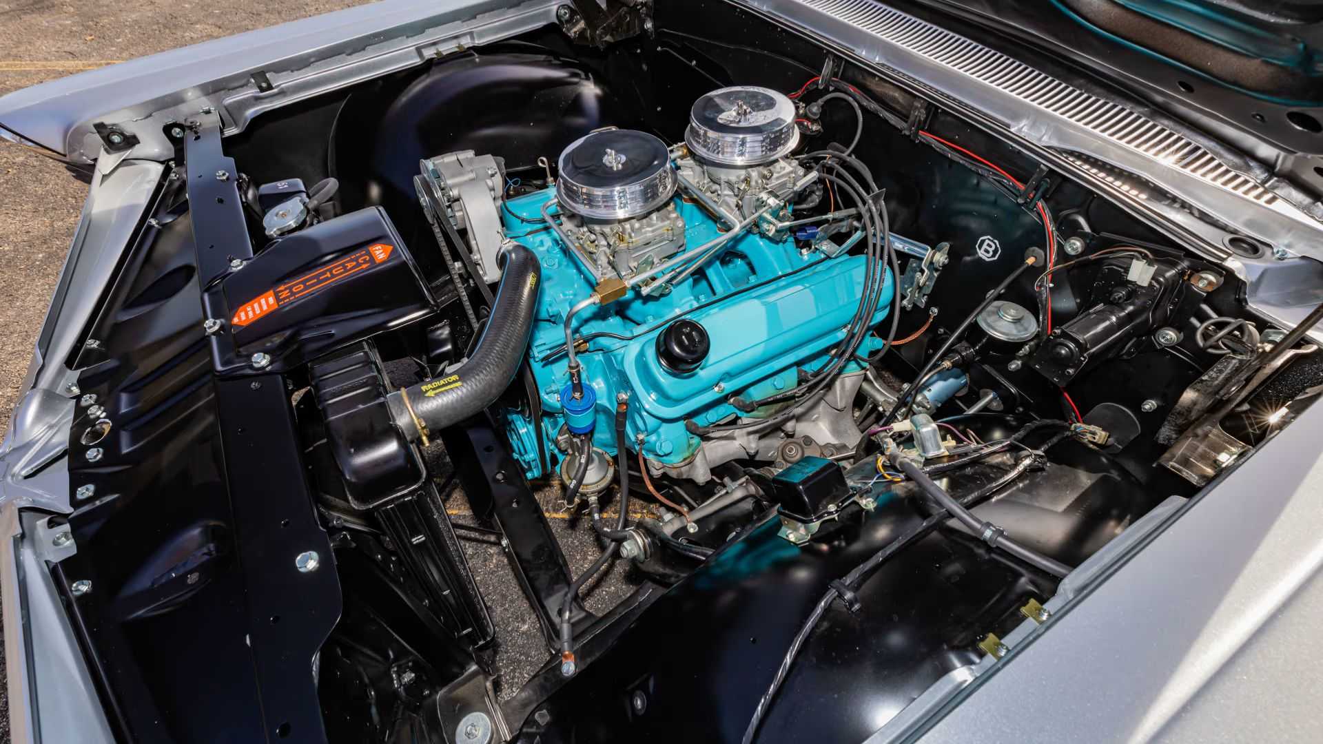 Underhood shot of a 1963 Pontiac Catalina Super Duty Swiss Cheese with 421 Super Duty engine pictured