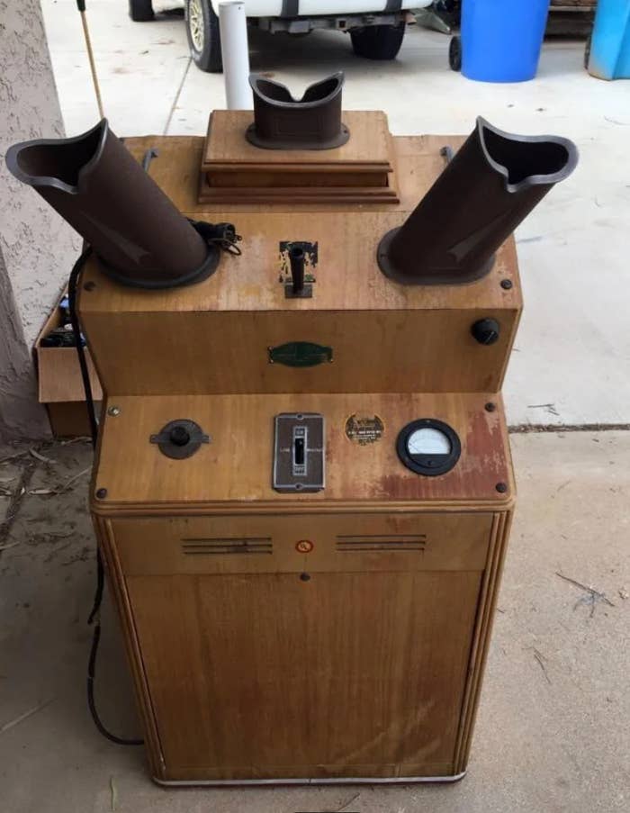 Reddit post in r/Radiology showing a vintage shoe-fitting fluoroscope. Post recounts owner's use before accidental break by husband
