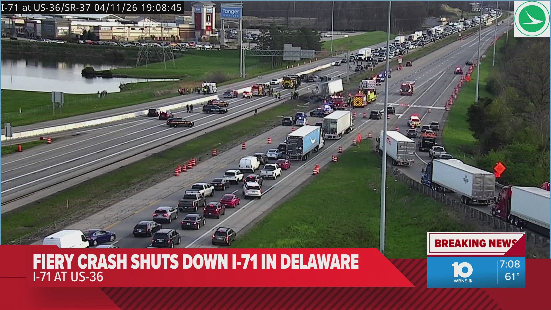 Fiery crash shuts down both directions of I-71 in Delaware County