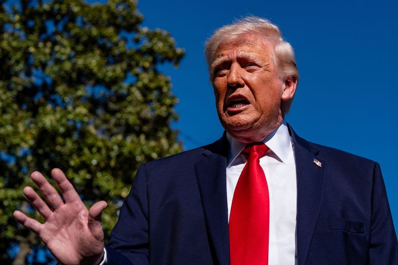President Donald Trump speaks with reporters before departing on Marine One from the South Lawn of the White House, Saturday, April 11, 2026, in Washington