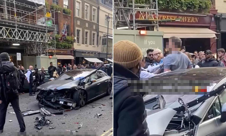 Moment man is arrested after crashing stolen car into pedicab as it was ...