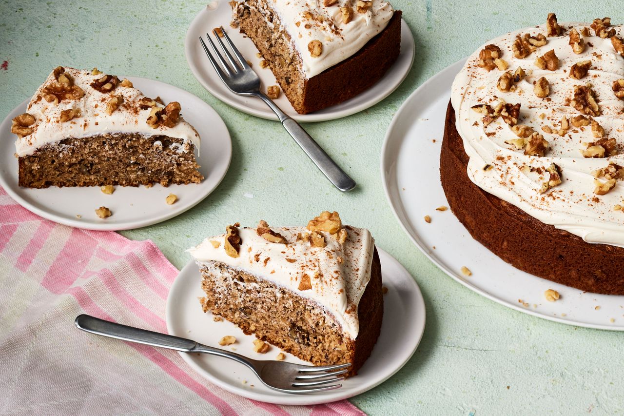 Southern Living Banana Cake sliced on plates to serve