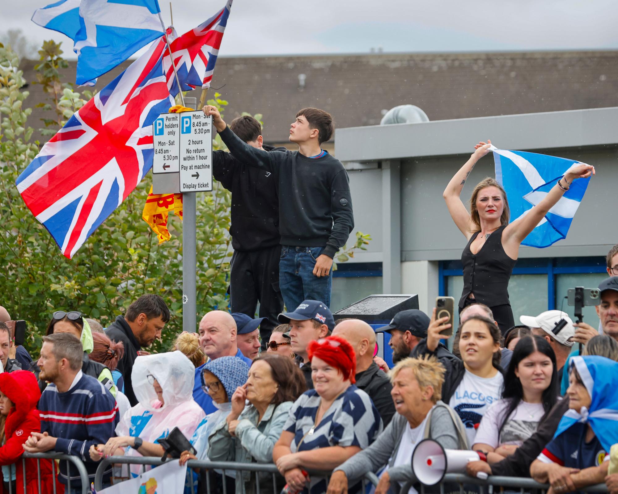 Protesters outside the former Cladhan Hotel in Falkirk which houses asylum seekers. Photograph: Murdo MacLeod/The Guardian