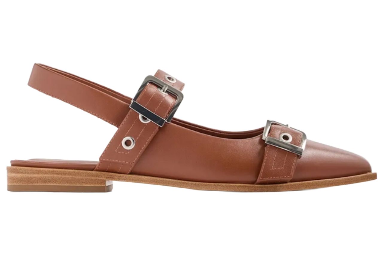 Italian Leather Bold Buckle Slingback Flat in Cognac