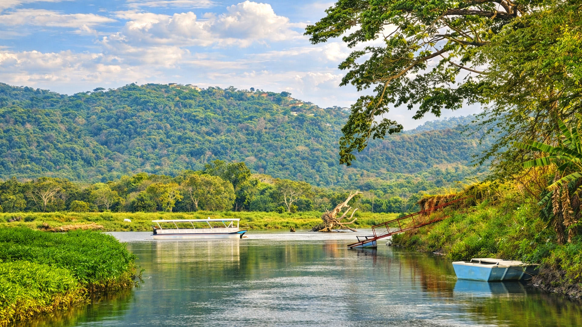 A quiet river flowing through a remote countryside landscape