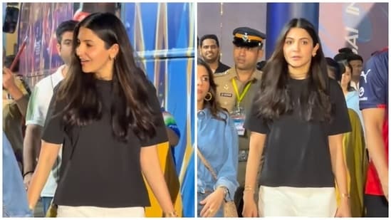 Anushka Sharma serves another lovely stadium look for RCB vs MI IPL match  in a simple black and white outfit