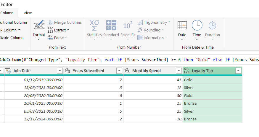 The Power Query Editor with a conditional column headed Loyalty Tier.