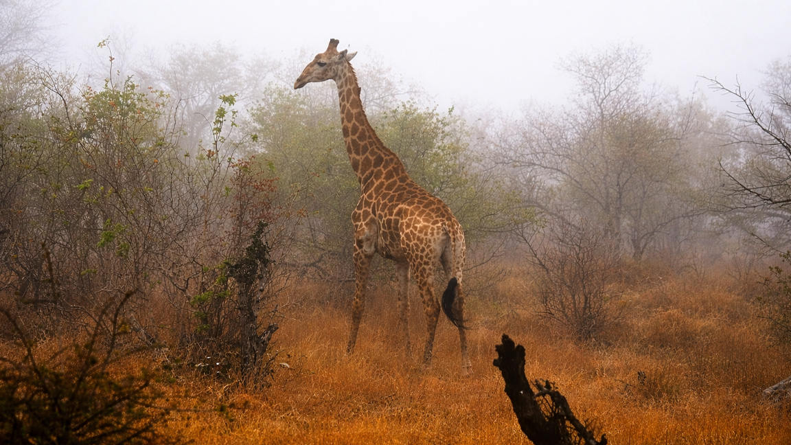 Quiet moment of a giraffe walking through dry grass and mist