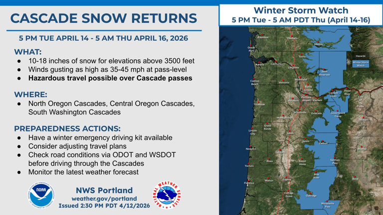 Winter storm watch issued for Oregon mountain passes