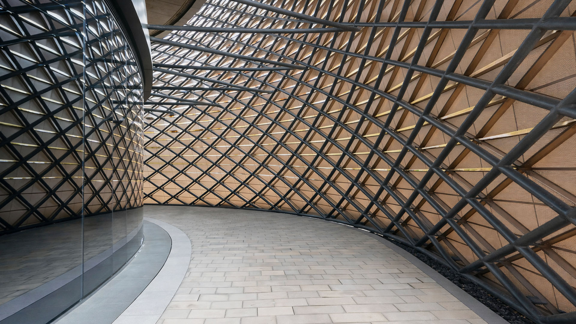In China a curved structure forms a tunnel with interlocking patterns