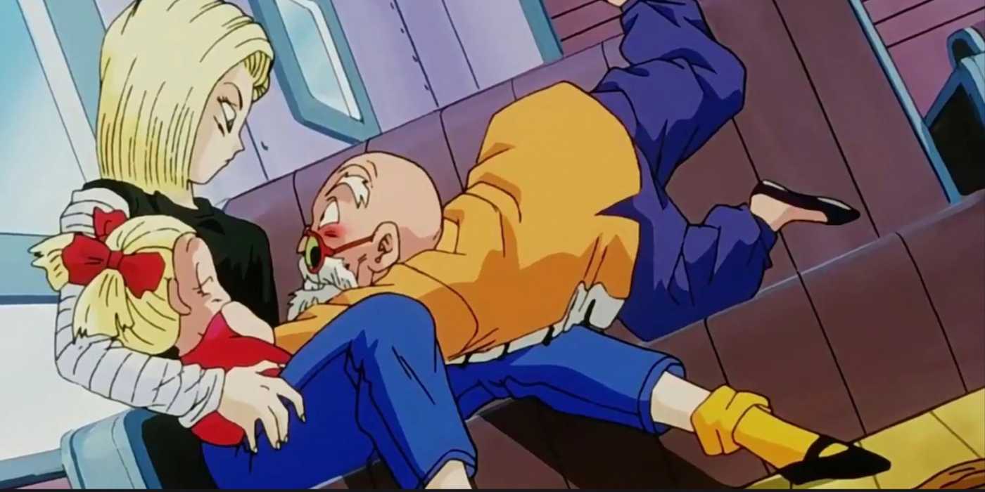 Master Roshi falls on Android 18 and harasses her in Dragon Ball Z.
