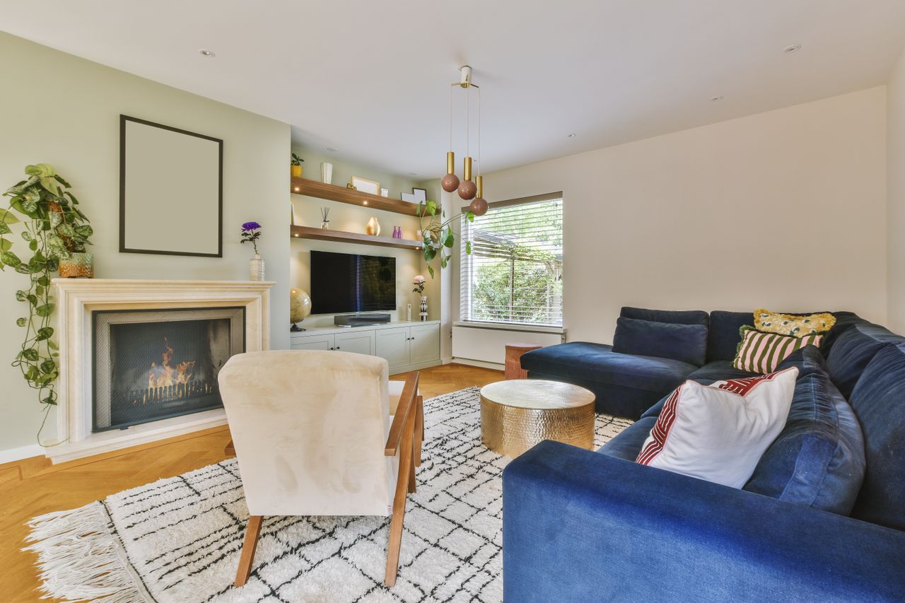 Living room with blue velvet sofa and black and white patterned rug