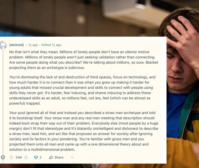 This man in his 30s is sharing his thoughts on the male loneliness ...