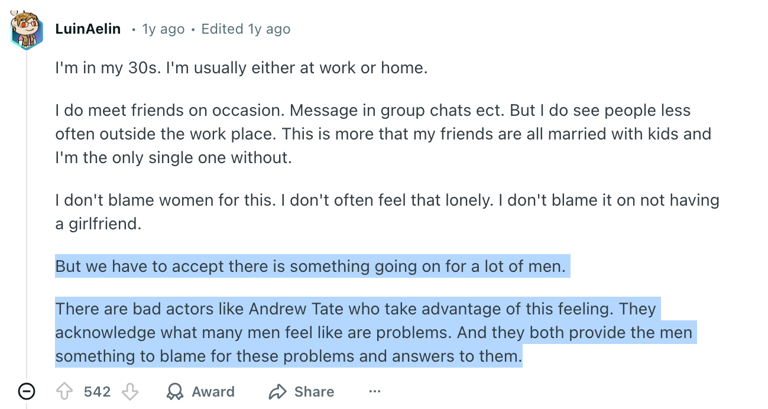 This man in his 30s is sharing his thoughts on the male loneliness ...