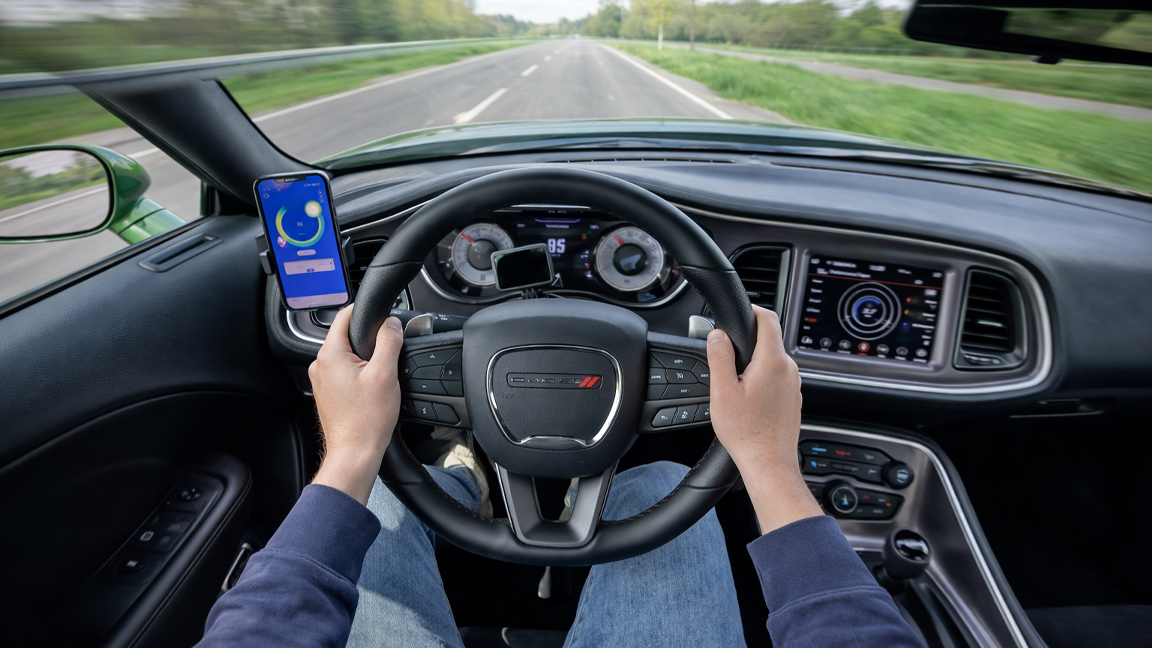 Dodge Challenger run from driver view on open road
