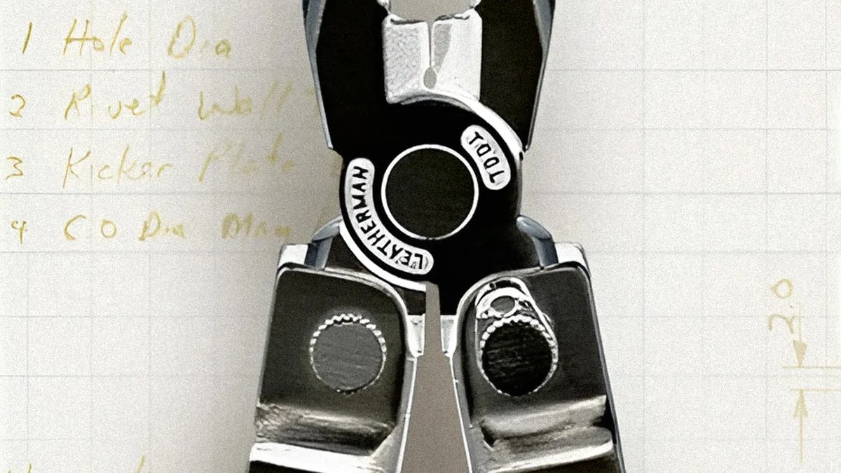 Close-up of a black and silver Leatherman multi-tool pliers on graph paper with handwritten notes.