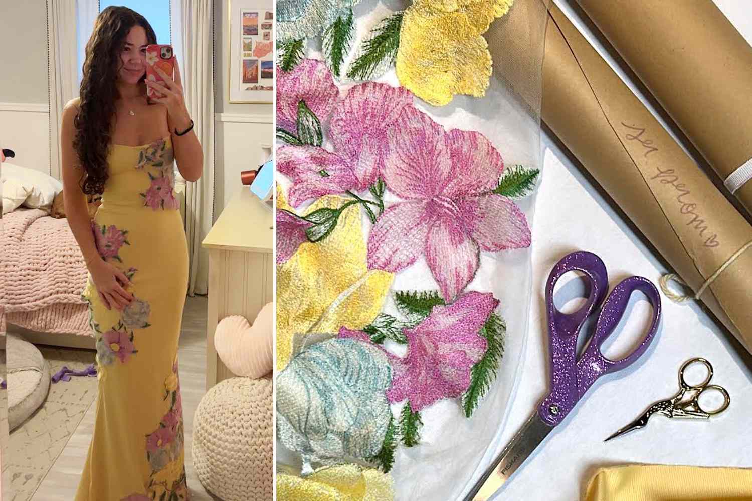 strapless open back dress Cicinia Yellow Prom Dresses Long Printed Fabric A-Line Layered Slit Strapless