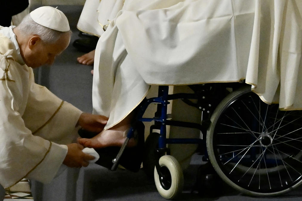 Pope Leo XIV performs the "Washing of the Feet" ceremony in Rome on April 2, 2026.