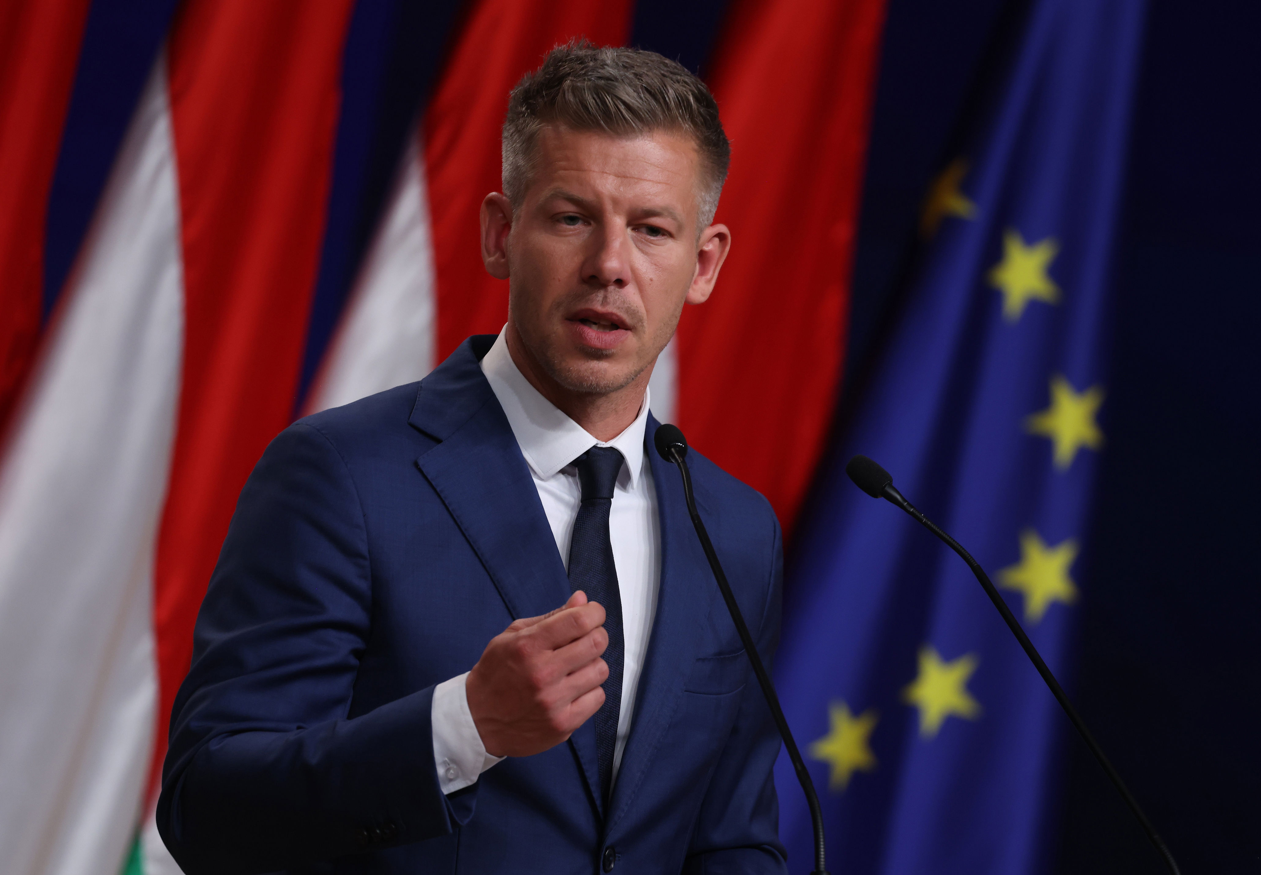 Peter Magyar holds a press conference after his party’s sweeping victory (Getty)