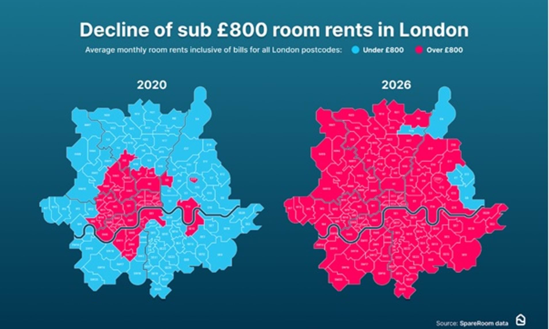 Only five London postcodes now have average room rents below £800 per ...