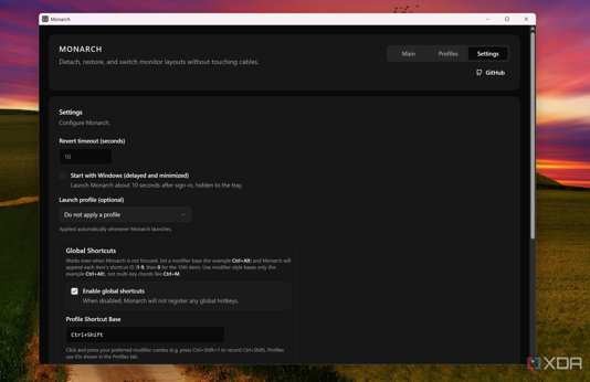 Monarch app settings on Windows