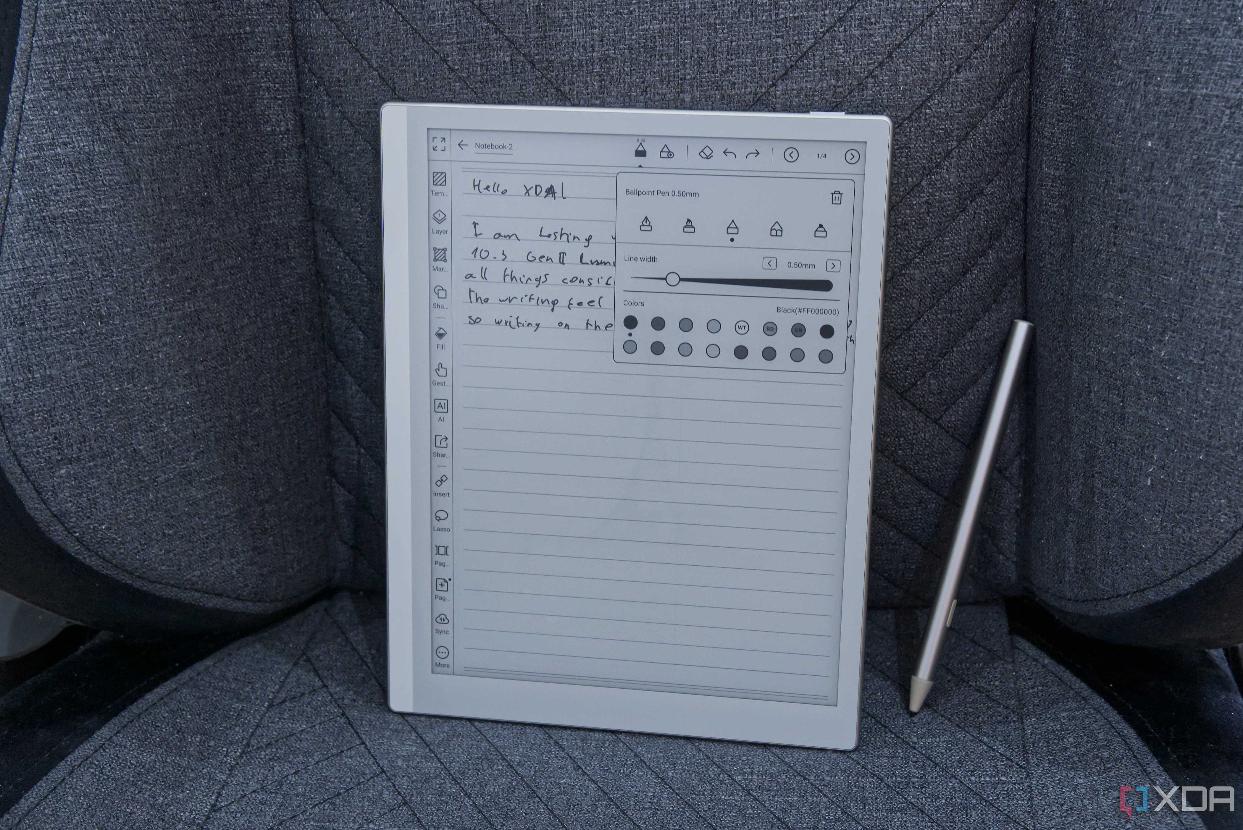 A Boox Go 10.3 Gen 2 Lumi tablet showing a notes page with the menu showing pen options