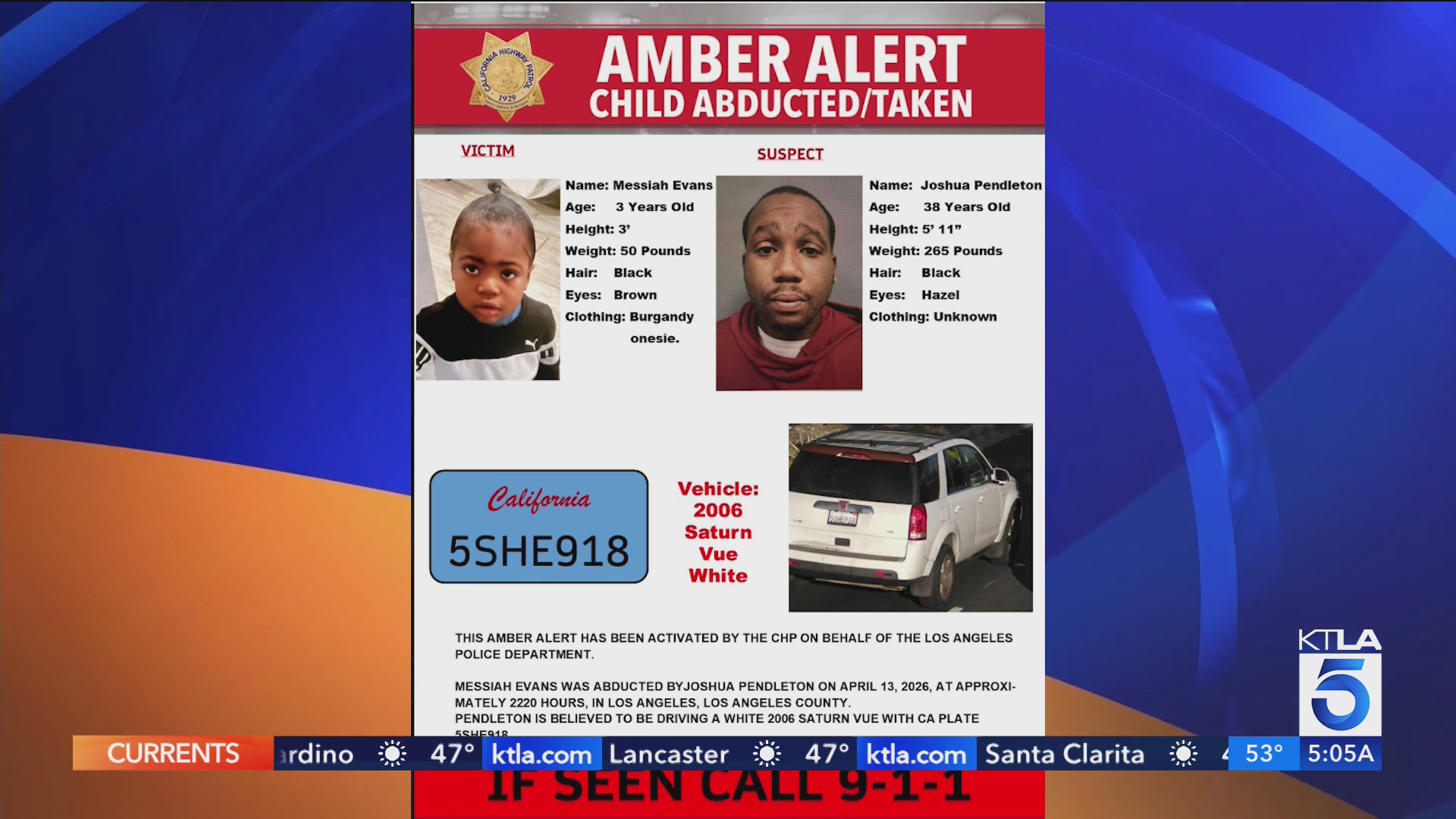 CHP issues Amber Alert after 3‑year‑old taken in Los Angeles carjacking