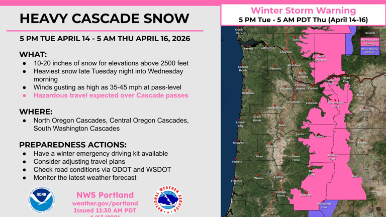 Winter storm warning issued for Oregon mountain roads