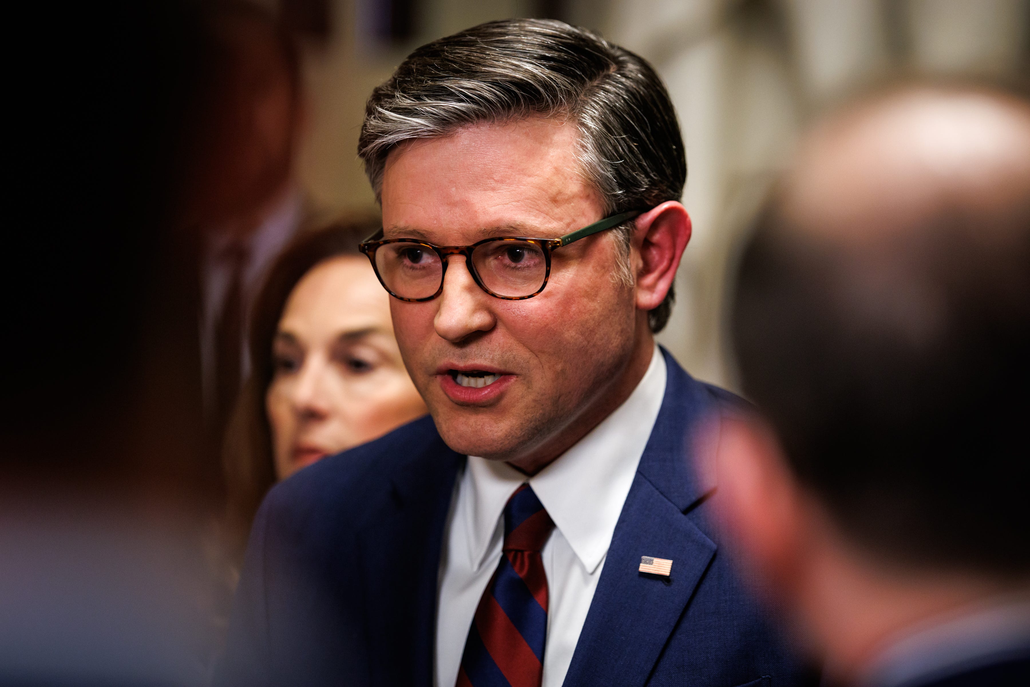 Speaker of the House Mike Johnson, R-Louisiana, addresses reporters at the U.S. Capitol on March 27, 2026.