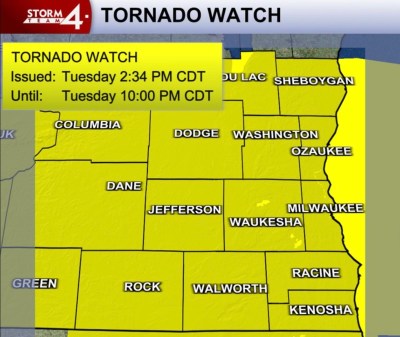 Racine County under a tornado watch until 10 p.m., severe storms expected