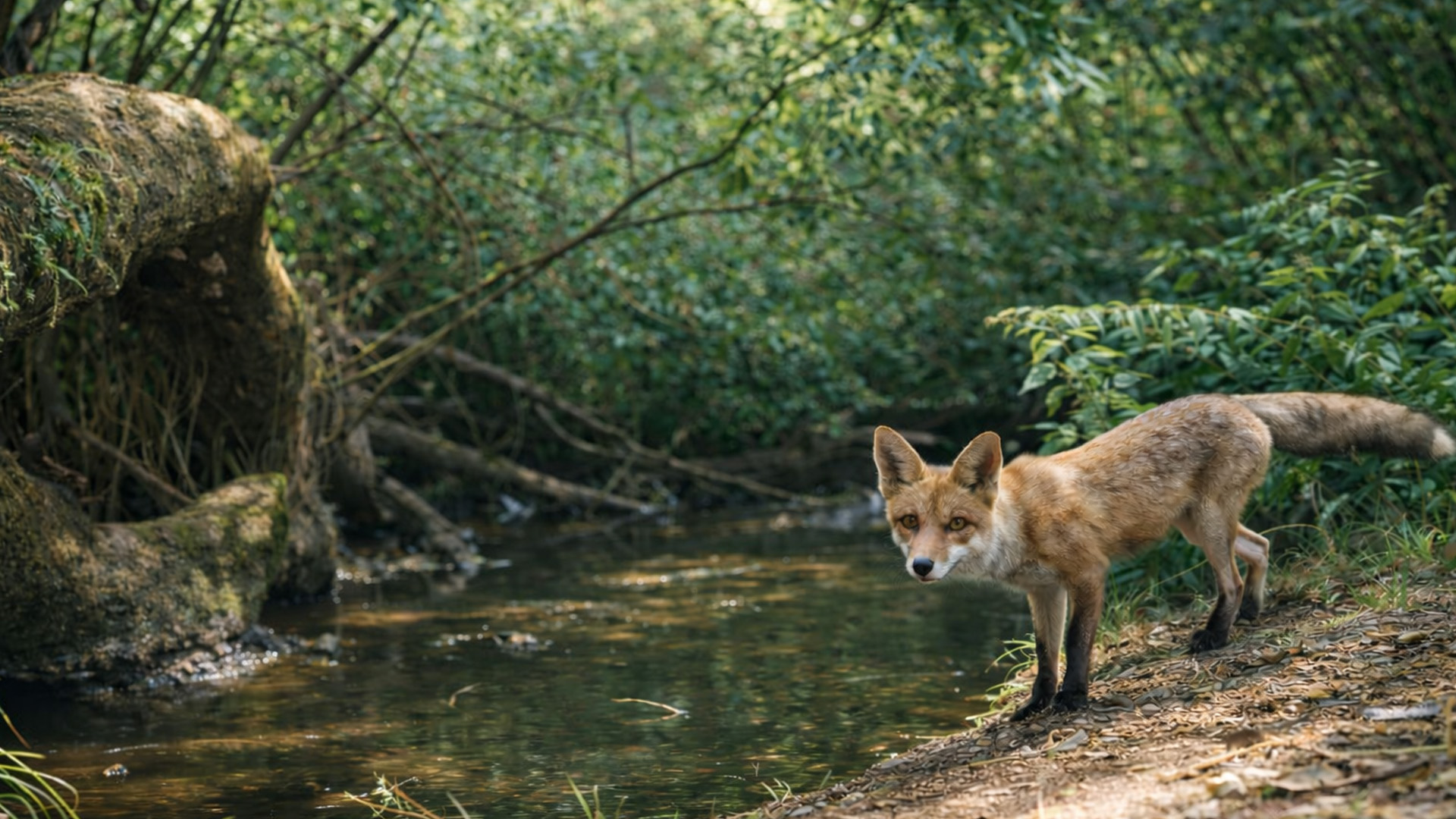 Hidden camera captures a fox approaching the water’s edge