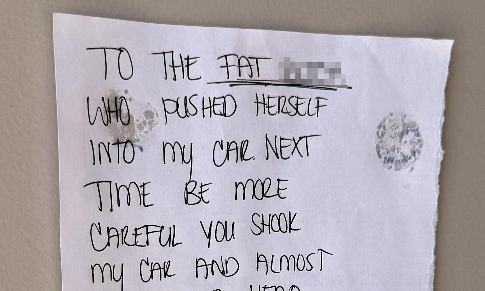 Neighbour feud is sparked after stranger leaves foul fat-shaming note ...
