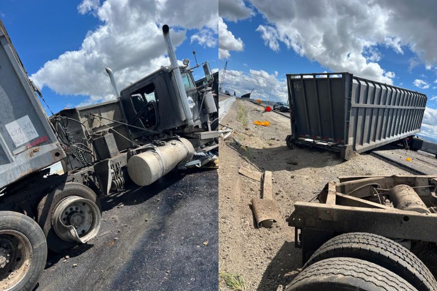 Lanes blocked after semi crashes into concrete barrier near Heyburn