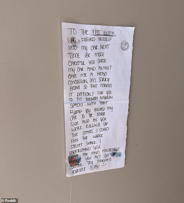 Neighbour feud is sparked after stranger leaves foul fat-shaming note ...