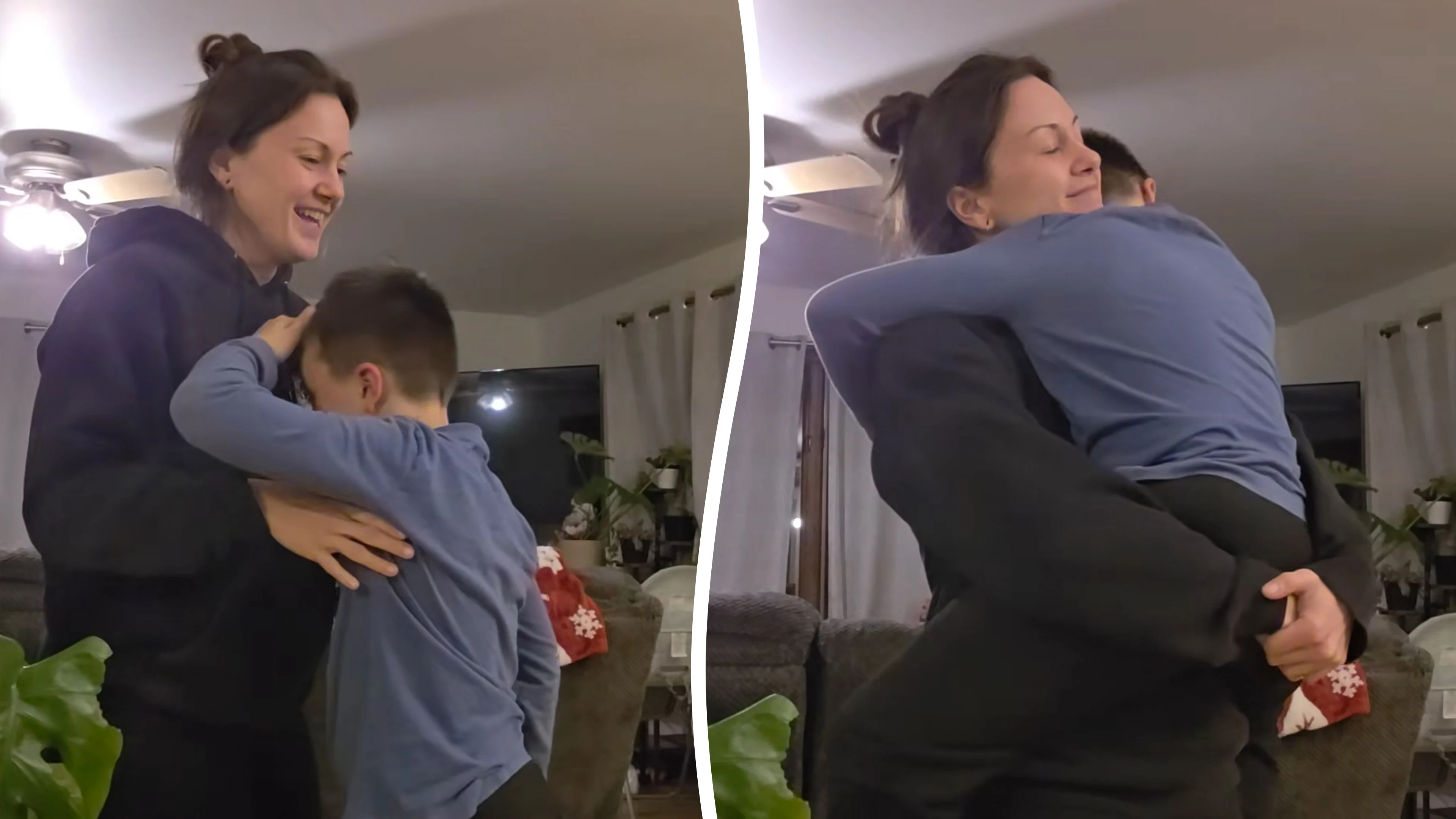 Mother and son share emotional hug as she asks to pick him up one last time