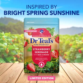 Dr Teal's Strawberry Serenade Epsom Salt with basil and orange, limited edition, inspired by spring sunshine. Packaging shows images of strawberries