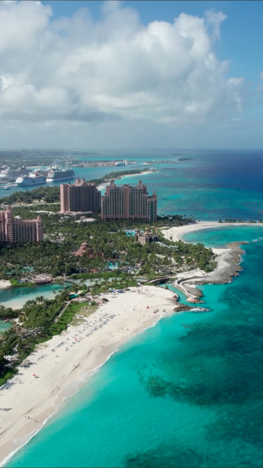 Drone flight over Nassau's vivid colors and luxury resorts