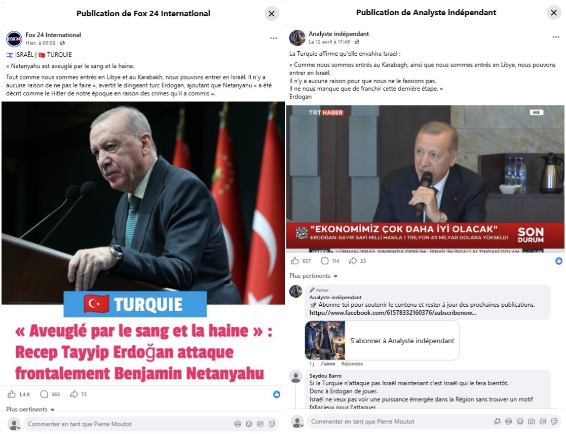 Captures d'écran réalisées sur Facebook, le 13/04/2026. Croix rouge ajoutée par l'AFP.