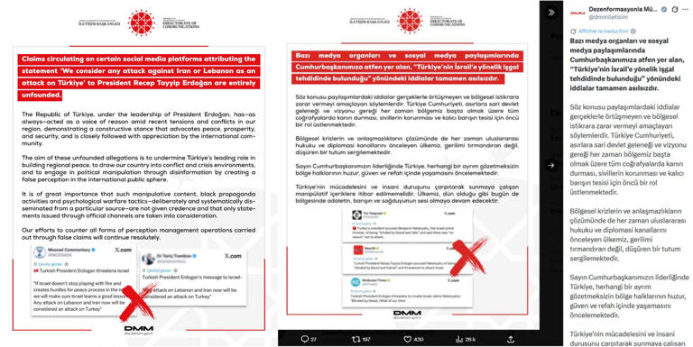 Captures d'écran des communiqués de presse du ministère turc de la Communication réalisées sur X, le 13/04/2026.