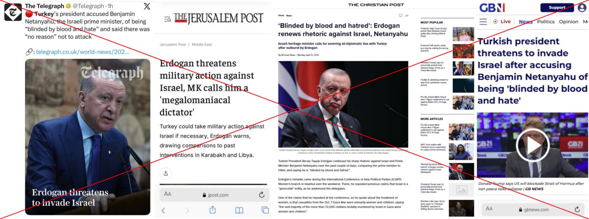 Captures d'écran réalisées sur X, les sites de GB News et du Jerusalem Post, le13/04/2026. Croix rouge ajoutée par l'AFP.