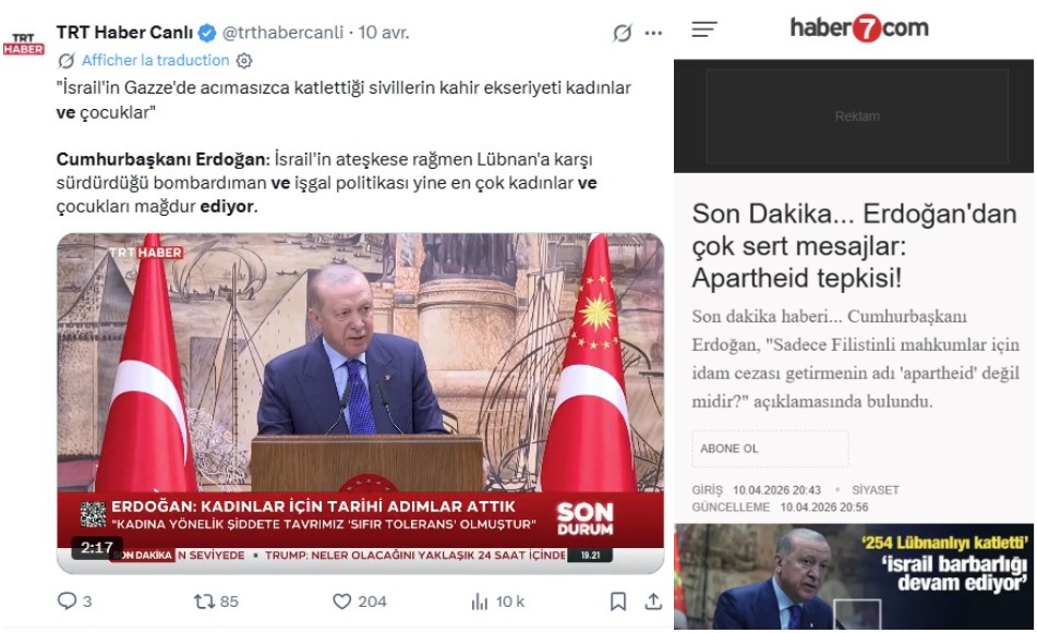 Captures d'écran réalisées sur X et sur le site d'actualités turc Haber7, le 13/04/2026.