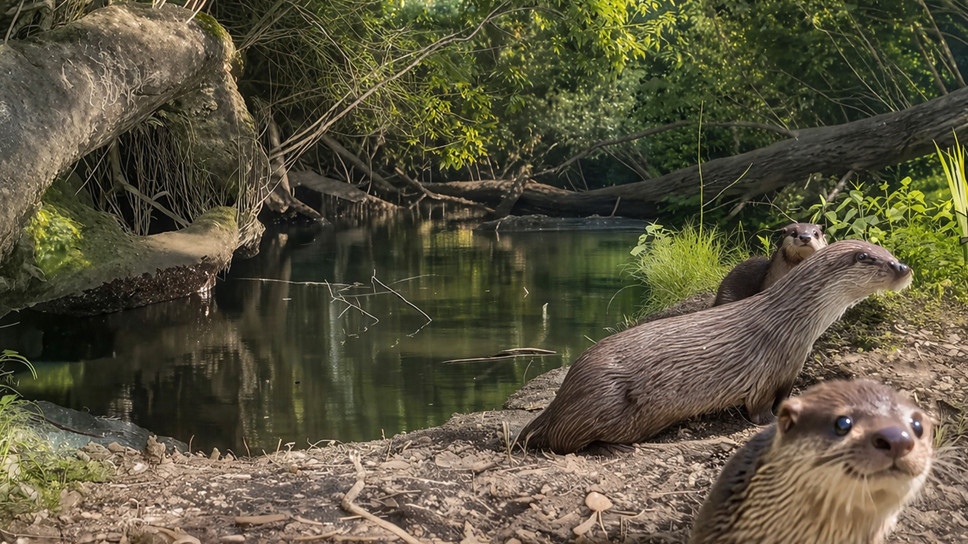Camera trap captures a family of otters by this quiet river