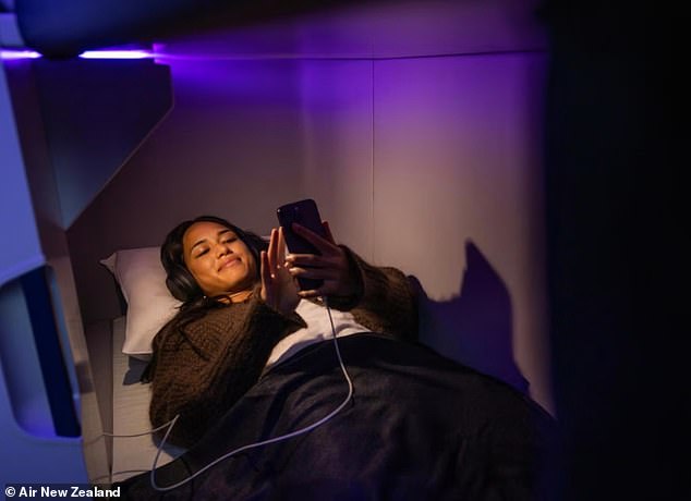 From November 2026, economy passengers on select Air New Zealand flights will be able to enjoy a quiet, private space to rest in six individual lie-flat nests, named 'Skynests'