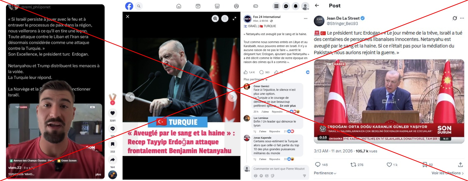 Captures d'écran réalisées sur Facebook, X, et TikTok, le 13/04/2026. Croix rouge ajoutée par l'AFP.