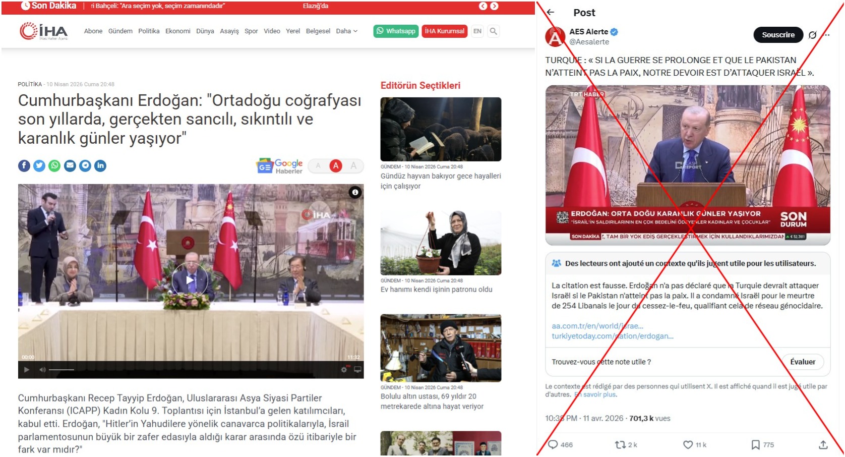 Captures d'écran réalisée sur le site web de l'agence de presse Ihlas (à gauche) et sur X (à droite), le13/04/2026. Croix rouge ajoutée par l'AFP.