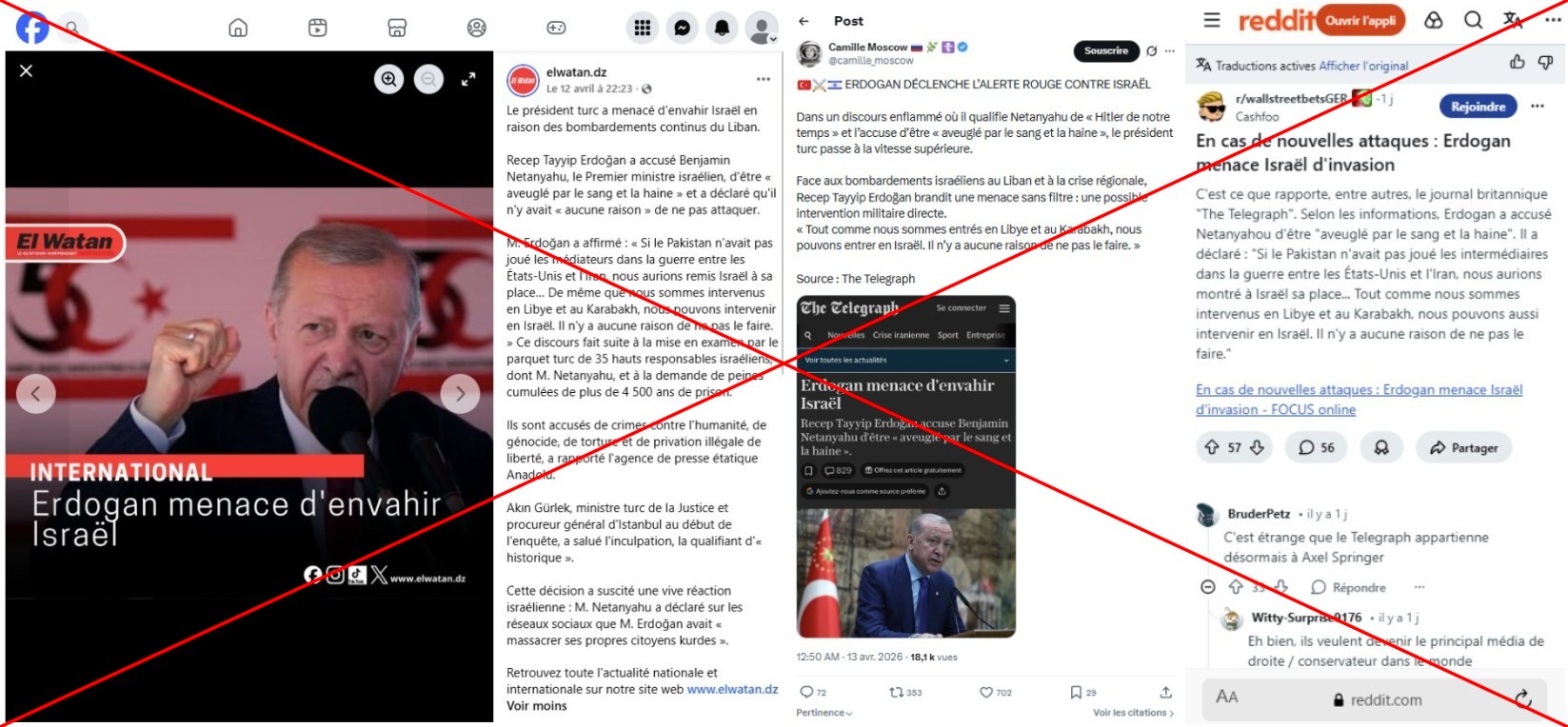 Captures d'écran réalisées sur Facebook, X, et Reddit, le 13/04/2026. Croix rouge ajoutée par l'AFP.