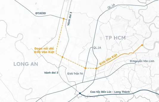 Hướng tuyến dự kiến nối dài đại lộ Võ Văn Kiệt. Đồ họa: Hoàng Khánh